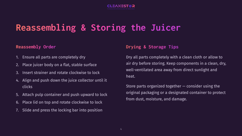 A Presentation Slide Titled &Quot;Reassembling &Amp; Storing The Juicer&Quot; With Numbered Steps For Reassembly And Tips For Drying And Storage.