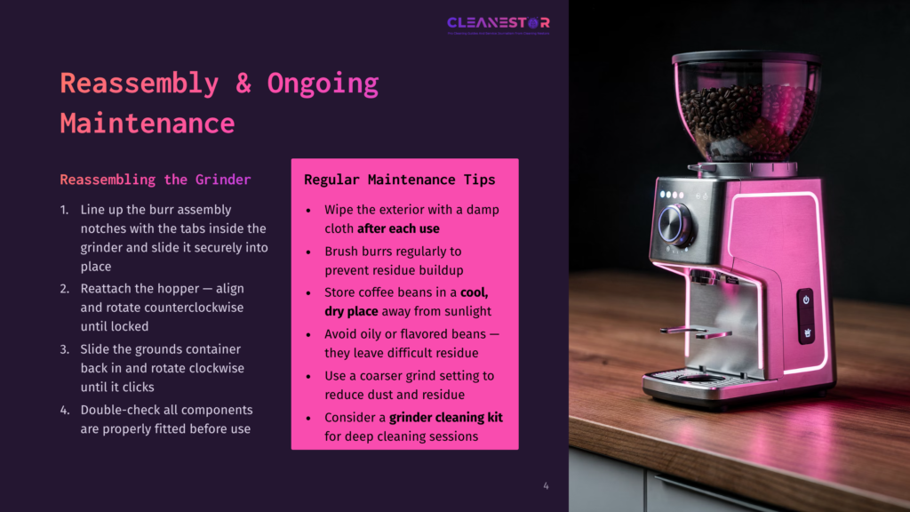 4 Reassembly And Ongoing Maintenance Pink Cleanestor Coffee Grinder With Beans In Hopper, Next To A Graphic Detailing Reassembly And Maintenance Instructions.
