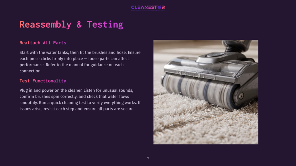 Close-Up Of A Vacuum Cleaner Brush Roll With Bristles Spinning On A Textured Carpet, Suggesting Reassembly And Testing Of Cleaning Equipment.