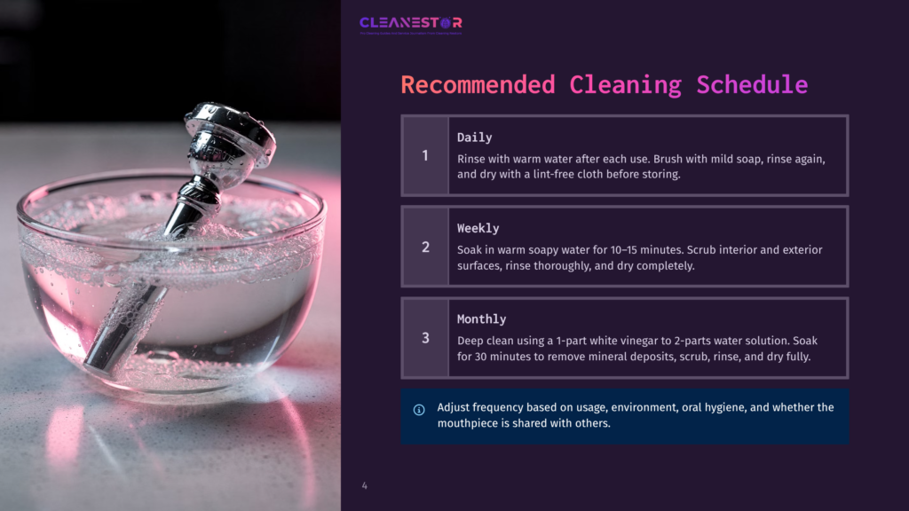 4 Recommended Cleaning Schedule A Clear Glass Bowl Filled With Pink Liquid Contains A Silver Mouthpiece Submerged, With Text Overlay Detailing A Recommended Cleaning Schedule For A Mouthpiece, Including Daily, Weekly, And Monthly Cleaning Instructions.