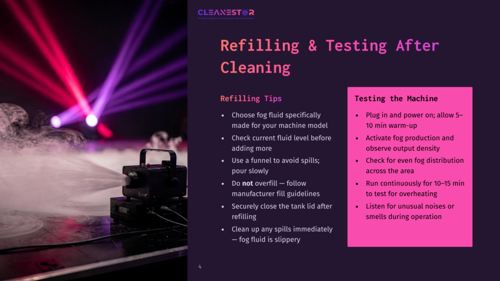 A Fog Machine On A Dark Stage With Purple And Red Lights, Instructions For Refilling And Testing Displayed On A Pink Background.