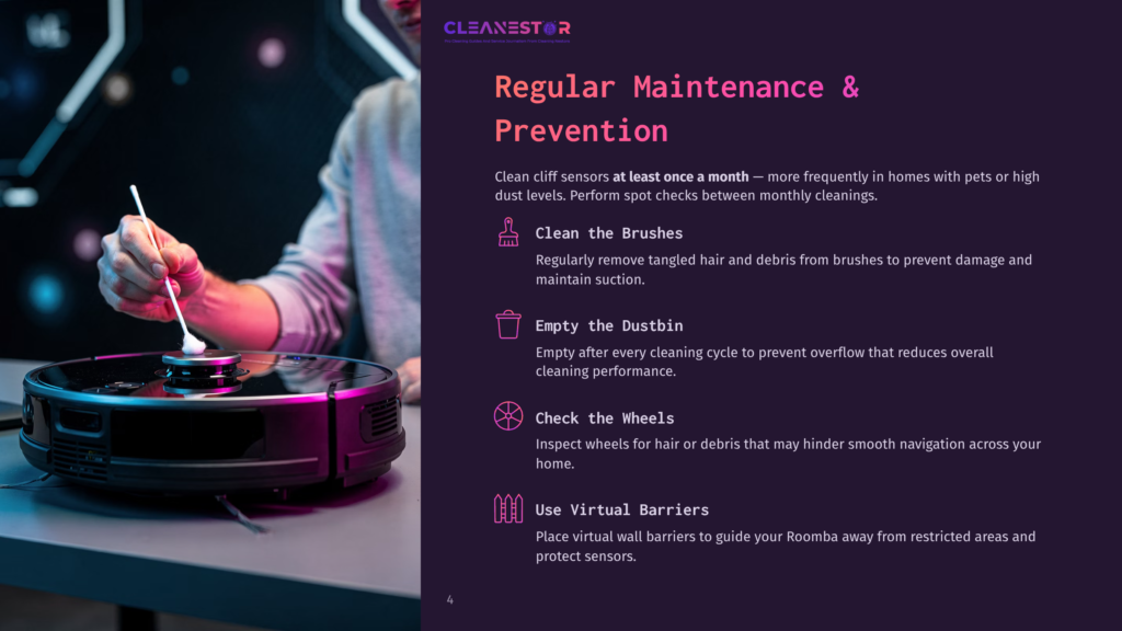 Close-Up Of A Person Cleaning A Black Robot Vacuum Cleaner With A White Cotton Swab, With &Quot;Cleanestor&Quot; And &Quot;Regular Maintenance &Amp; Prevention&Quot; Text Overlay.