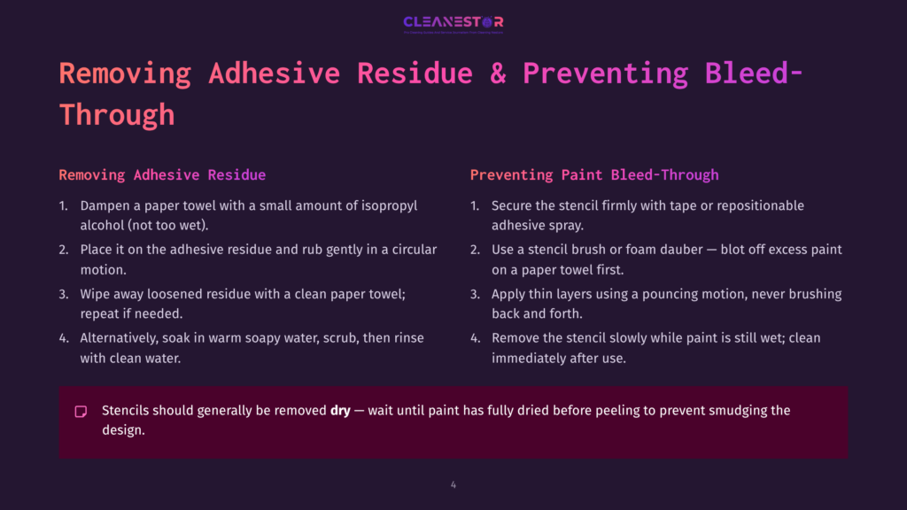 4 Removing Adhesive Residue And Preventing Bleed Through Instructional Graphic With Text Detailing How To Remove Adhesive Residue And Prevent Paint Bleed-Through When Stenciling. Includes Steps For Cleaning And Securing Stencils.