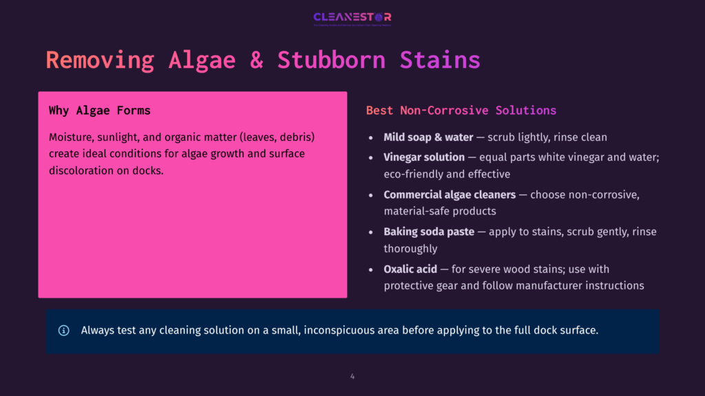 Slide Titled &Quot;Removing Algae &Amp; Stubborn Stains&Quot; From A Presentation On Cleaning Solutions. It Lists Causes Of Algae Growth And Non-Corrosive Cleaning Methods Like Vinegar And Baking Soda.