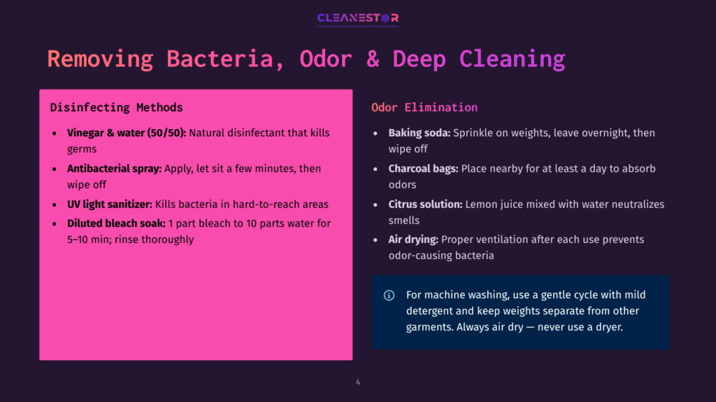 4 Removing Bacteria Odor And Deep Cleaning A Slide Titled &Quot;Removing Bacteria, Odor &Amp; Deep Cleaning&Quot; With Sections On &Quot;Disinfecting Methods&Quot; And &Quot;Odor Elimination,&Quot; Listing Various Cleaning Solutions And Techniques.