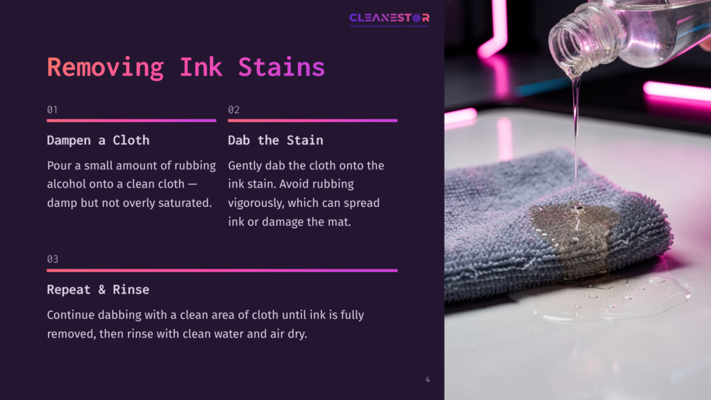4 Removing Ink Stains A Clear Bottle Pours Rubbing Alcohol Onto A Blue Cloth With An Ink Stain, Demonstrating The First Step In Removing Ink Stains. The Background Includes A Neon-Lit Room, Emphasizing The Importance Of Precision In The Cleaning Process.