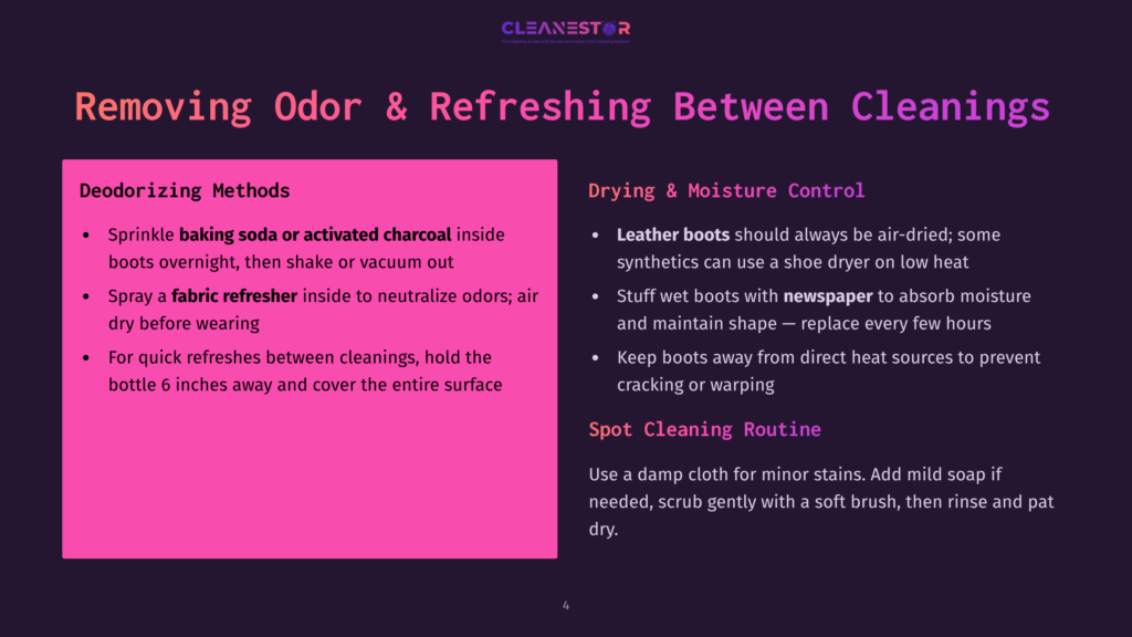 An Infographic On Removing Odor And Refreshing Between Cleanings, Divided Into Sections For Deodorizing Methods, Drying And Moisture Control, And Spot Cleaning Routine, With Tips On Using Baking Soda, Fabric Refreshers, And Leather Care.