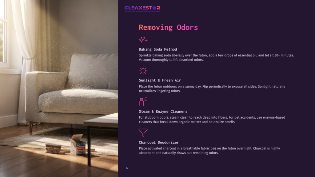 A Sunbeam Illuminates Dust Motes Rising From A Sofa As A Cleaning Brush And A Box Of Baking Soda Sit On The Floor Nearby, Suggesting Home Cleaning And Odor Removal.