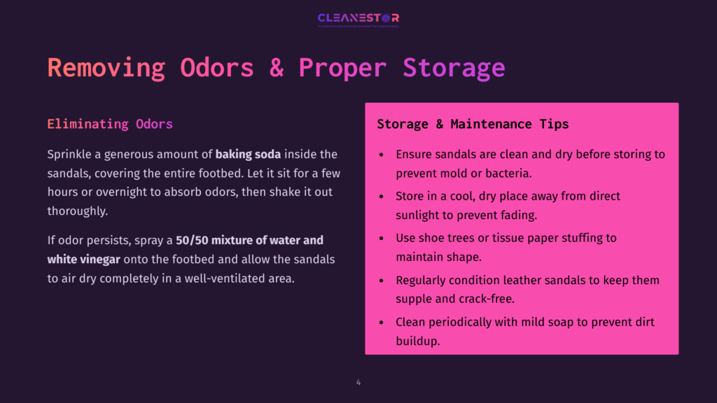 A Section From A Blog About Removing Odors And Proper Storage Of Sandals, Showing Tips For Eliminating Odors With Baking Soda And Proper Storage Practices, Such As Ensuring Sandals Are Clean And Dry Before Storing And Using Shoe Trees Or Tissue Paper Stuffing To Maintain Shape.