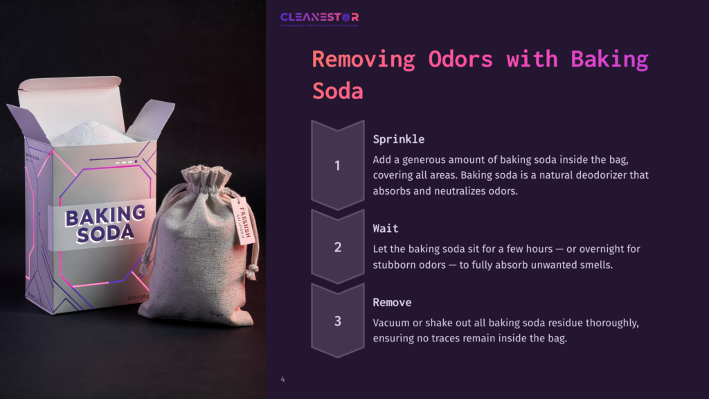 A Box Of Baking Soda And A Bag Of Baking Soda Sit On A Dark Background. The Box Reads &Quot;Baking Soda&Quot; And The Bag Has A Tag That Says &Quot;Fresh&Quot;. Instructions For Removing Odors With Baking Soda Are Displayed On The Right.