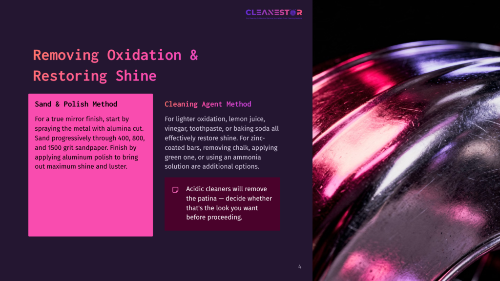 Close-Up Of A Chrome Car Rim With Vibrant Pink And Purple Reflections, Showcasing The Polished Metal Surface. Text Overlay Provides Instructions For Removing Oxidation And Restoring Shine.