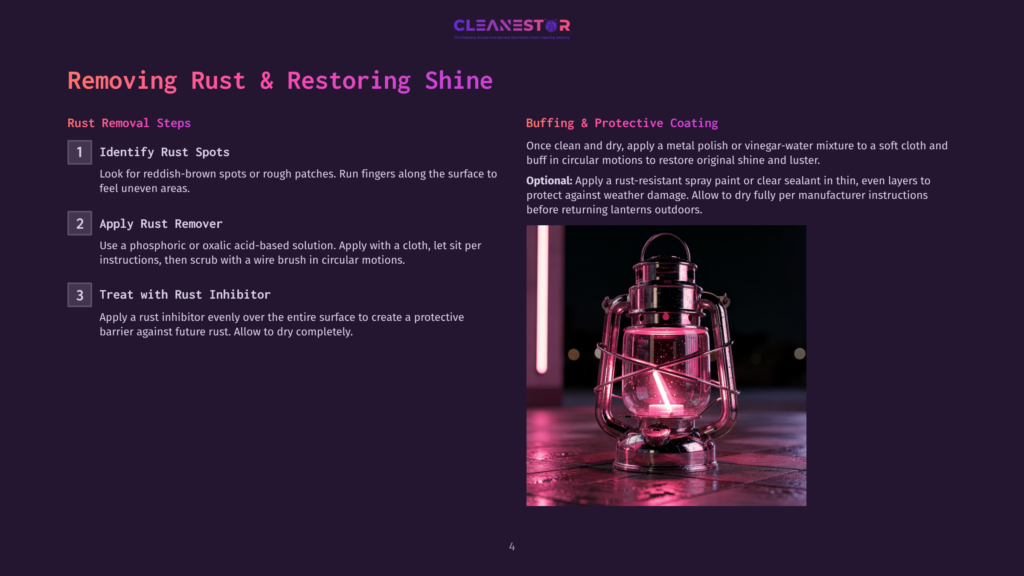 4 Removing Rust And Restoring Shine Close-Up Of A Vintage Metal Lantern With A Pink Glow Emanating From Within, Reflecting On A Wet, Textured Surface.