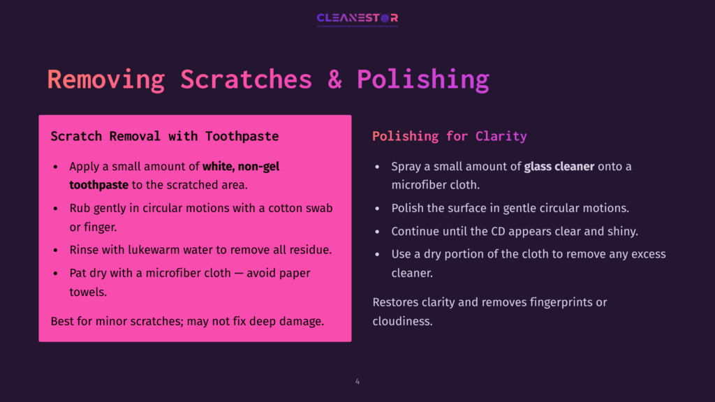 4 Removing Scratches And Polishing Presentation Slide Titled &Quot;Removing Scratches &Amp; Polishing&Quot; With Instructions For Scratch Removal Using Toothpaste And Polishing With Glass Cleaner.