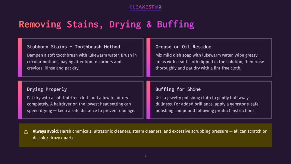 Infographic Detailing How To Remove Stains And Buff Jewelry, With Sections On Stubborn Stains, Grease Or Oil Residue, Drying Properly, And Buffing For Shine. Includes A Warning About Harsh Chemicals.