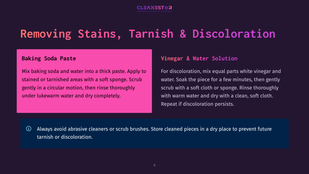 Text On A Dark Background: &Quot;Removing Stains, Tarnish &Amp; Discoloration.&Quot; Left Side Details Baking Soda Paste Stain Removal. Right Side Details Vinegar And Water Solution For Discoloration.