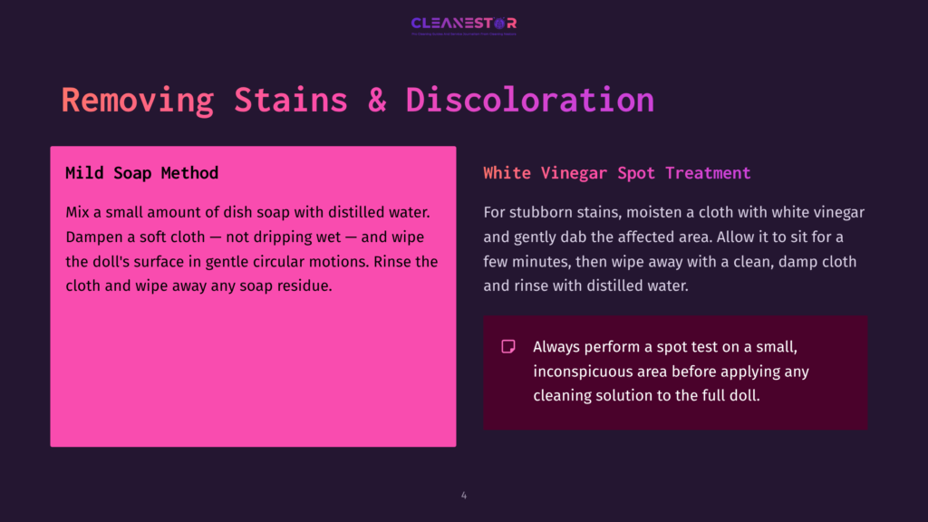 4 Removing Stains And Discoloration Presentation Slide Titled &Quot;Removing Stains &Amp; Discoloration,&Quot; Featuring Two Cleaning Methods: &Quot;Mild Soap Method&Quot; And &Quot;White Vinegar Spot Treatment,&Quot; With Instructions For Each.