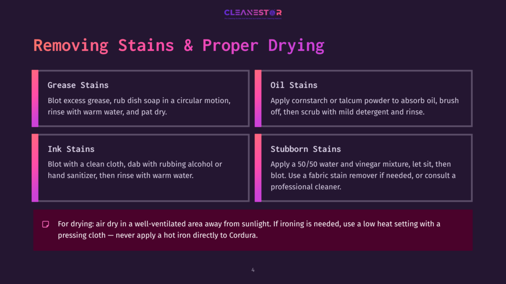 Infographic Titled &Quot;Removing Stains &Amp; Proper Drying&Quot; Listing Tips For Grease, Oil, Ink, And Stubborn Stains, With A Note On Air Drying And Ironing.