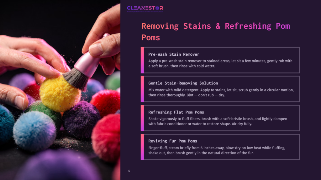 A Hand Holds A Pink Brush, Applying A Pre-Wash Stain Remover To A Colorful Array Of Fluffy, Multicolored Pom-Poms In A Cleaning Tutorial.