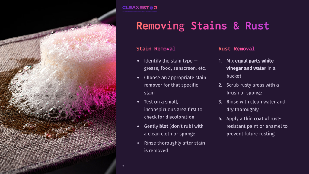 Close-Up Of A White Cleaning Foam With Pink And Purple Lighting, Applied To A Textured Grey Fabric. The Image Highlights Stain Removal Techniques From The Cleanestor Guide.