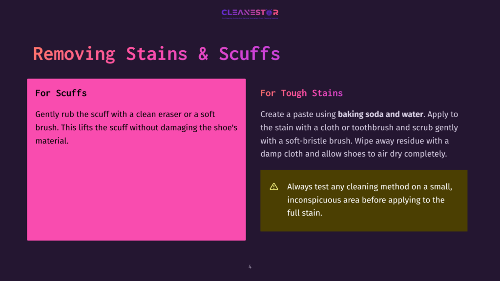 4 Removing Stains And Scuffs Two Panels On A Dark Background. The Left Panel, Bright Pink, Offers Tips For Removing Scuffs From Shoes With A Clean Eraser Or Soft Brush. The Right Panel, Dark Olive Green, Provides Instructions For Removing Tough Stains Using A Baking Soda And Water Paste, With A Warning To Test First.
