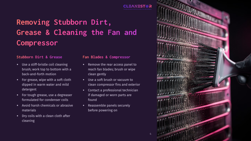 A Detailed Infographic On Cleaning Air Conditioner Components, Featuring A Close-Up Of A Brush Cleaning A Fan Blade And A Text Box With Instructions On Removing Stubborn Dirt, Grease, And Cleaning The Fan And Compressor.
