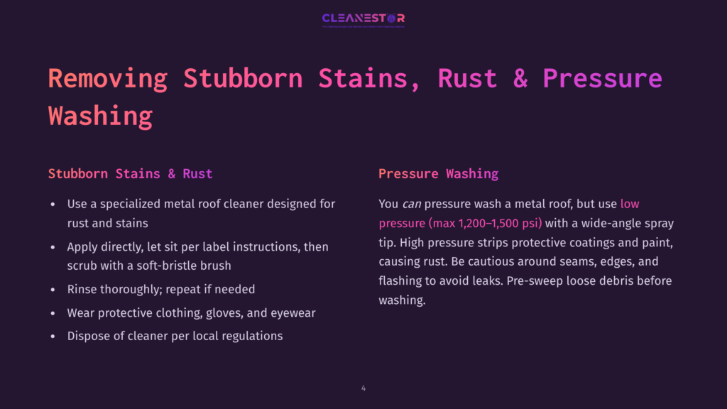 A Purple Background Displays Instructions For Removing Stubborn Stains And Rust, Emphasizing The Use Of Specialized Cleaners And Protective Equipment.