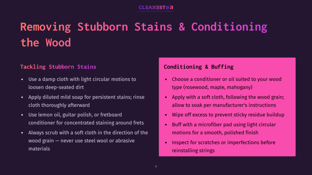 Dark Purple Background With A White Text Overlay That Reads &Quot;Cleanestor&Quot; And The Title &Quot;Removing Stubborn Stains &Amp; Conditioning The Wood&Quot; With Two Columns Of Text Below Detailing Steps For Tackling And Conditioning Wood.