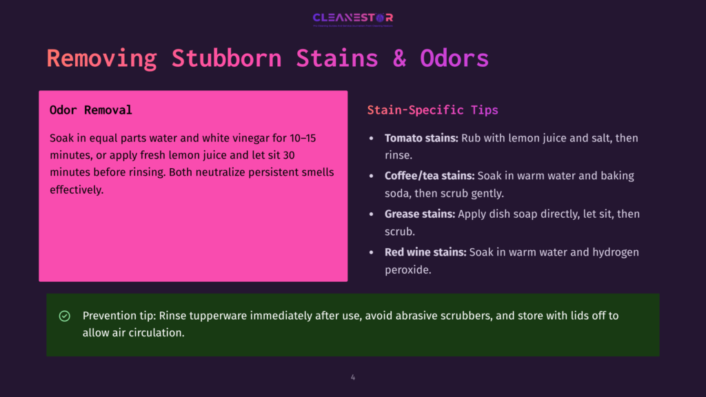 Presentation Slide Titled &Quot;Removing Stubborn Stains &Amp; Odors&Quot; With Tips For Odor Removal And Stain-Specific Cleaning Advice For Tomato, Coffee/Tea, Grease, And Red Wine Stains.