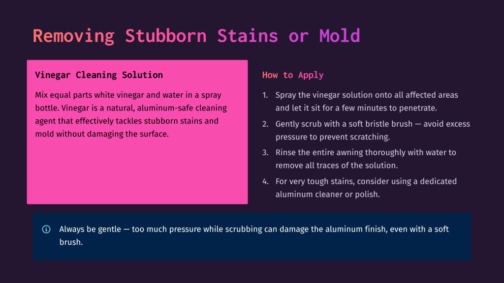 Text On A Dark Background With A Bright Pink Box On The Left Titled &Quot;Vinegar Cleaning Solution&Quot; And A Section On The Right Titled &Quot;How To Apply&Quot; With Numbered Steps For Removing Stubborn Stains Or Mold.