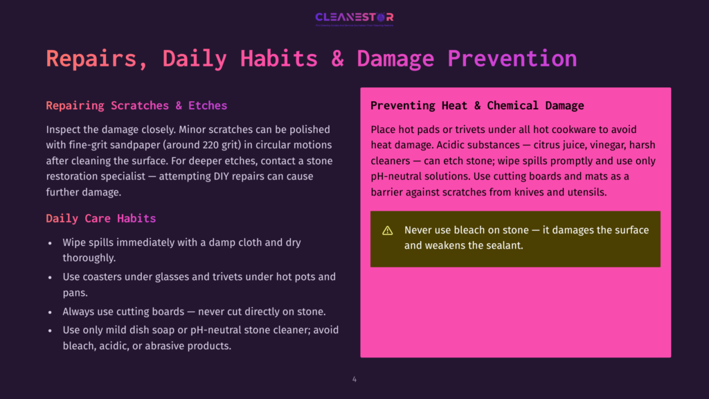 A Slide Titled &Quot;Repairs, Daily Habits &Amp; Damage Prevention&Quot; With Sections On &Quot;Repairing Scratches &Amp; Etches,&Quot; &Quot;Daily Care Habits,&Quot; And &Quot;Preventing Heat &Amp; Chemical Damage.