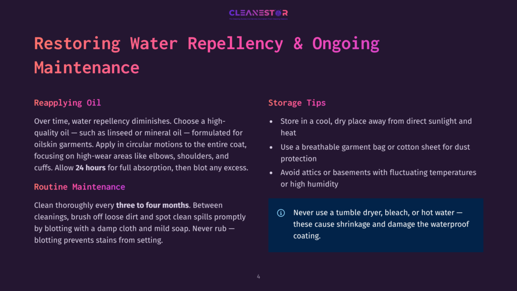 4 Restoring Water Repellency And Ongoing Maintenance Restoring Water Repellency And Ongoing Maintenance For Oilskin Garments. Instructions Cover Reapplication, Routine Maintenance, And Storage Tips. Text Includes &Quot;Cleanestor&Quot; Logo.