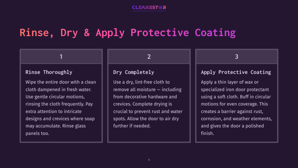 Three Steps For Cleaning And Protecting A Door: Rinse Thoroughly, Dry Completely, And Apply Protective Coating. The Steps Are Presented In Purple Boxes On A Dark Background.