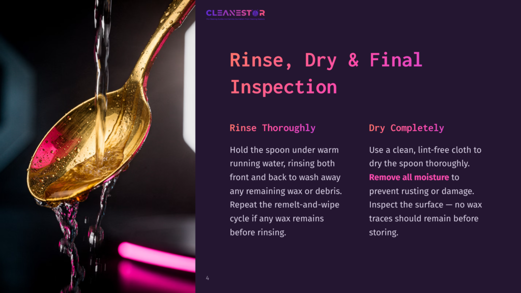 4 Rinse Dry And Final Inspection Close-Up Of A Golden Spoon Being Rinsed Under Running Water, With Text Overlay &Quot;Cleanestor&Quot; And Instructions For Rinsing, Drying, And Final Inspection.