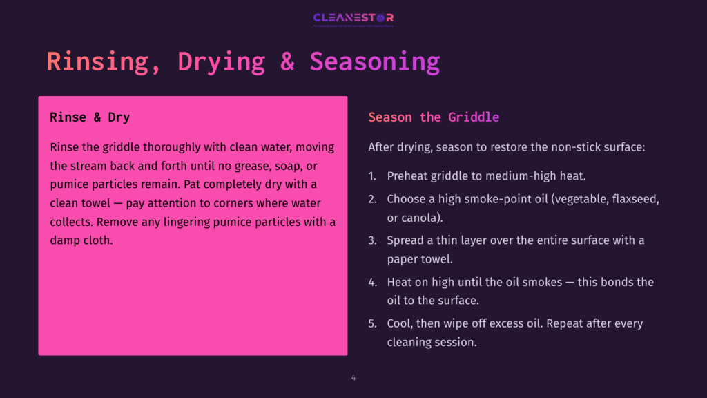Text Overlay On A Dark Background: &Quot;Rinsing, Drying &Amp; Seasoning&Quot;. Left Side Details Rinsing And Drying A Griddle. Right Side Details Seasoning A Griddle With Oil.