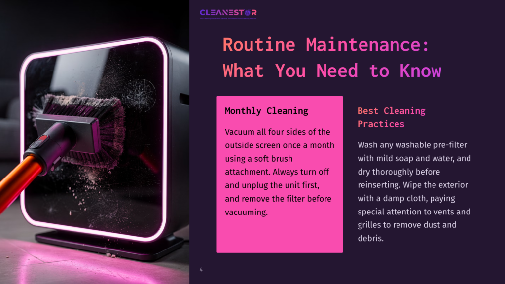 4 Routine Maintenance What You Need To Know 1 Close-Up Of A Vacuum Cleaner Brush Attachment With Pink And Purple Lighting, Showing Dust And Debris On The Screen. Text Reads &Quot;Cleanestor&Quot; And &Quot;Monthly Cleaning.