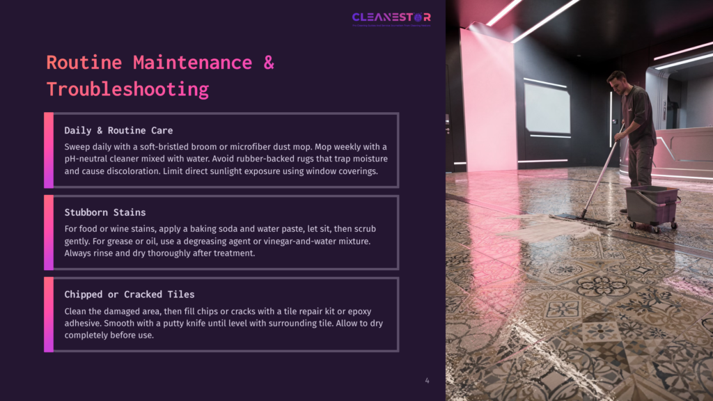 A Man In A Grey T-Shirt Mops A Shiny, Patterned Tile Floor In A Modern, Brightly Lit Room With Pink Neon Lighting. Text On The Left Side Of The Image Provides Cleaning Tips: &Quot;Daily &Amp; Routine Care,&Quot; &Quot;Stubborn Stains,&Quot; And &Quot;Chipped Or Cracked Tiles.