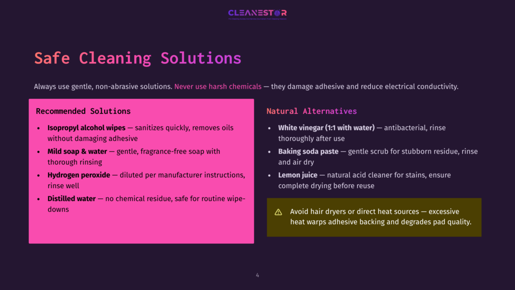 4 Safe Cleaning Solutions 1 A Slide Titled &Quot;Safe Cleaning Solutions&Quot; Lists Recommended Solutions Like Isopropyl Alcohol, Mild Soap &Amp; Water, Hydrogen Peroxide, And Distilled Water, Alongside Natural Alternatives Such As White Vinegar And Baking Soda Paste.