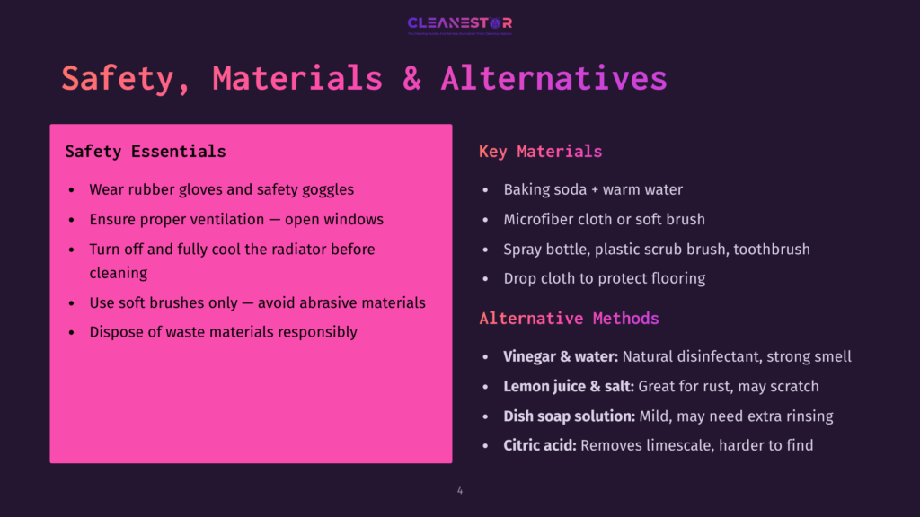 Slide Titled &Quot;Safety, Materials &Amp; Alternatives&Quot; From Cleanestor Presentation, Detailing Essential Safety Precautions Like Wearing Gloves And Ensuring Ventilation, Along With Cleaning Materials Like Baking Soda, Microfiber Cloths, And Alternative Solutions Like Vinegar And Lemon Juice.