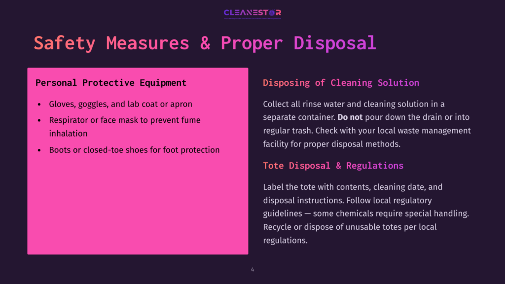 4 Safety Measures And Proper Disposal Slide 4 Of A Presentation On Safety Measures And Proper Disposal Of Cleaning Solutions, Detailing Personal Protective Equipment And Disposal Instructions.