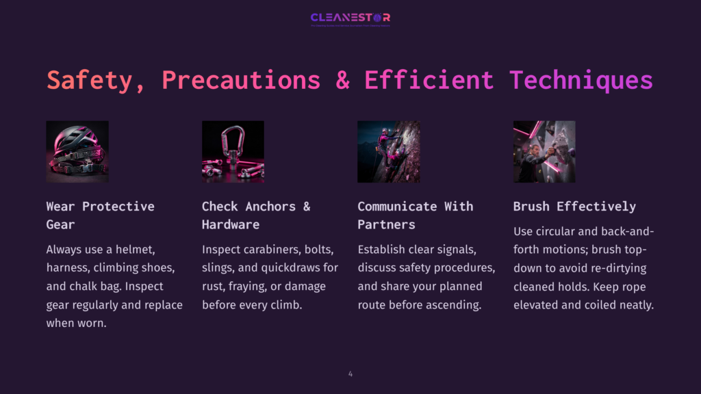 Four Sections Display Safety Precautions For Climbing: Wearing Protective Gear, Checking Anchors And Hardware, Communicating With Partners, And Brushing Effectively. The Text &Quot;Safety, Precautions &Amp; Efficient Techniques&Quot; Is Prominent.