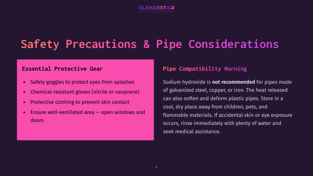 Safety Precautions And Pipe Considerations Slide With Text About Essential Protective Gear And Pipe Compatibility Warning For Sodium Hydroxide.