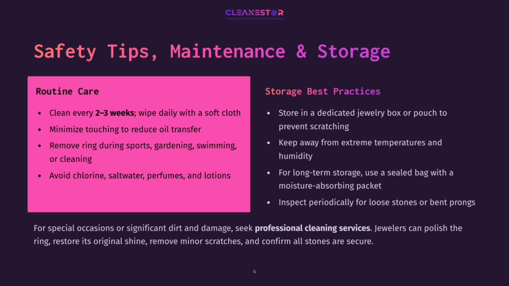 Cleanestor Logo And Text: &Quot;Safety Tips, Maintenance &Amp; Storage.&Quot; Pink Section Lists Routine Care For Jewelry: Cleaning, Avoiding Chlorine, And Protecting Stones. Right Section Details Storage Best Practices: Jewelry Boxes, Humidity Control, And Sealed Bags.