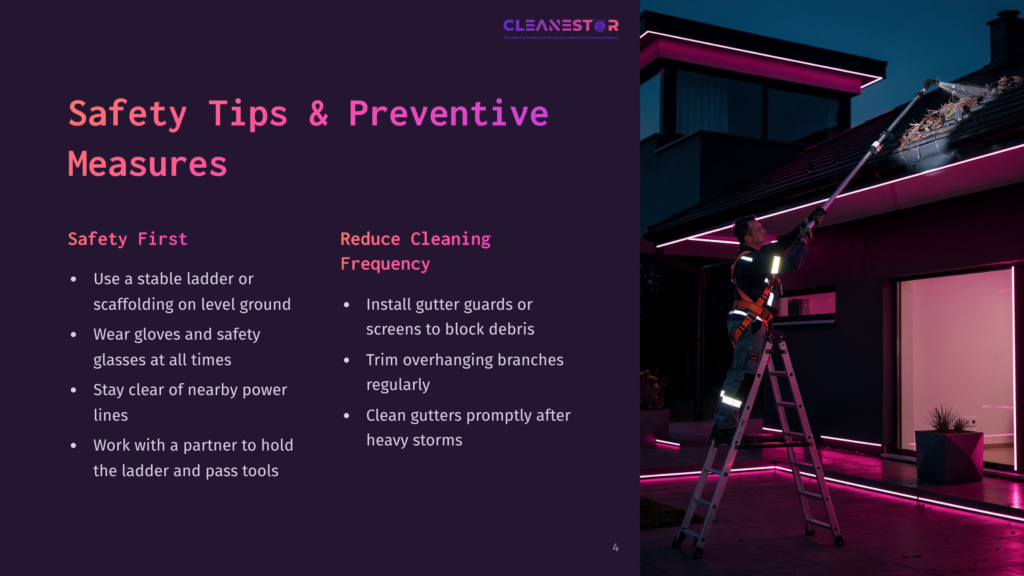 A Person In A Harness And Safety Gear Is On A Ladder Cleaning Gutters With A Long Pole, Illuminated By Pink Neon Lights, With Text &Quot;Safety Tips &Amp; Preventive Measures&Quot; Visible.