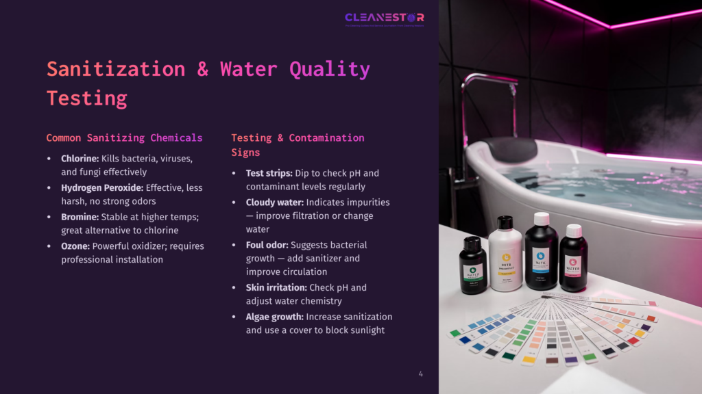 4 Sanitization And Water Quality Testing A Bathtub And Various Sanitizing Products Are Displayed On A Table With A Color Chart For Water Quality Testing. The Text &Quot;Cleanestar&Quot; Is Visible At The Top.
