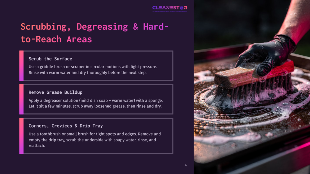 A Gloved Hand Uses A Stiff-Bristled Brush To Scrub A Greasy, Grimy Surface, Creating A Foamy Lather. The Text On The Left Discusses Cleaning Hard-To-Reach Areas.