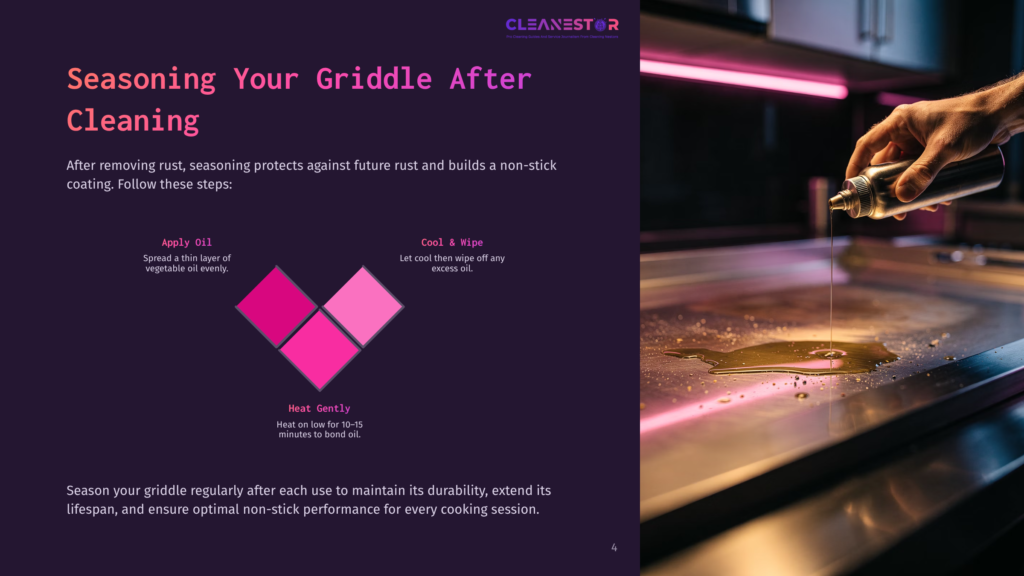 Illustration Showing How To Season A Griddle After Cleaning, With Steps Like Applying Oil And Heating, Next To A Photo Of Oil Sizzling On A Hot Griddle.