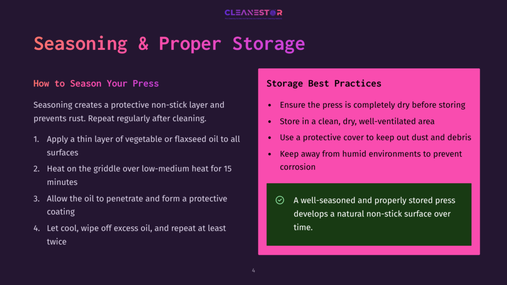 4 Seasoning And Proper Storage Slide Titled &Quot;Seasoning &Amp; Proper Storage&Quot; With Tips On How To Season A Griddle, Including Applying Oil, Heating, And Repeating, And Best Practices For Storage Like Keeping It Dry And Using A Protective Cover.