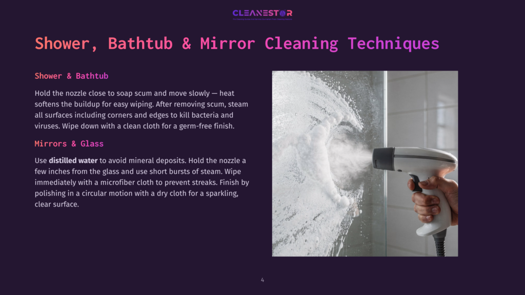A Hand Holds A Steam Cleaner, Spraying A Fine Mist Onto A Glass Shower Door Covered In Soap Scum And Cleaning Foam. The Steam Cleaner Is White And Grey, And The Shower Door Is Streaked With Water And Suds.