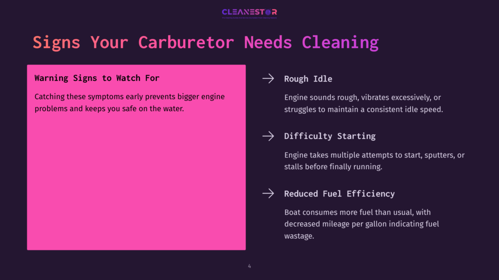 Presentation Slide Titled &Quot;Signs Your Carburetor Needs Cleaning&Quot; With Bullet Points Listing &Quot;Rough Idle,&Quot; &Quot;Difficulty Starting,&Quot; And &Quot;Reduced Fuel Efficiency&Quot; As Warning Signs, Set Against A Dark Background With Pink Accents.