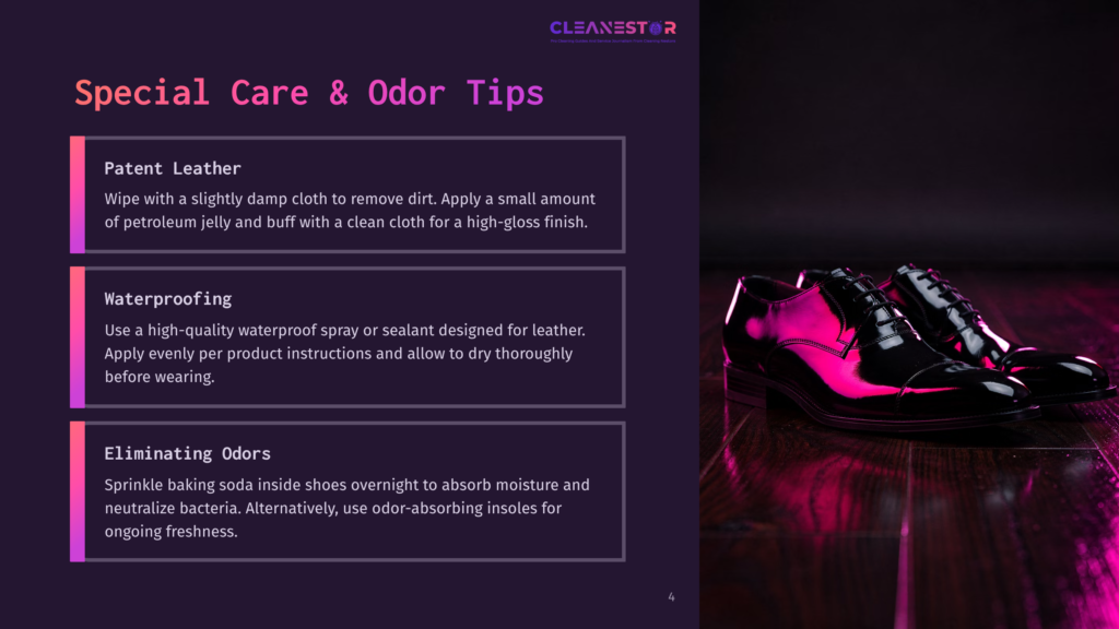 A Pair Of Shiny Black Patent Leather Shoes With A Glossy Pink Finish, Placed On A Dark Wooden Surface With A Sleek, Modern Design. Text Provides Tips On Caring For Patent Leather, Waterproofing, And Eliminating Odors.